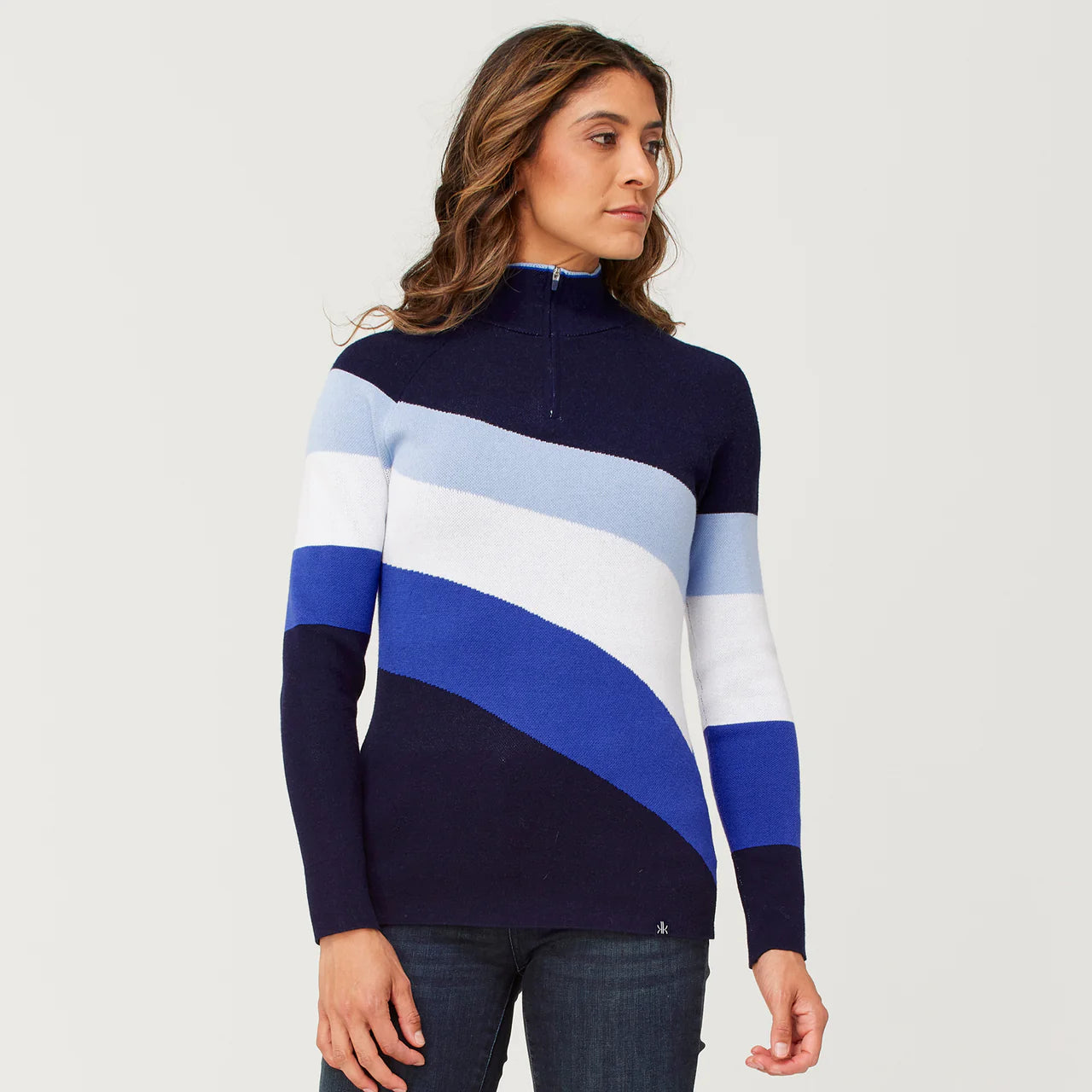 Navy Riva Zip Neck Sweater Houndstooth Herringbone Solid