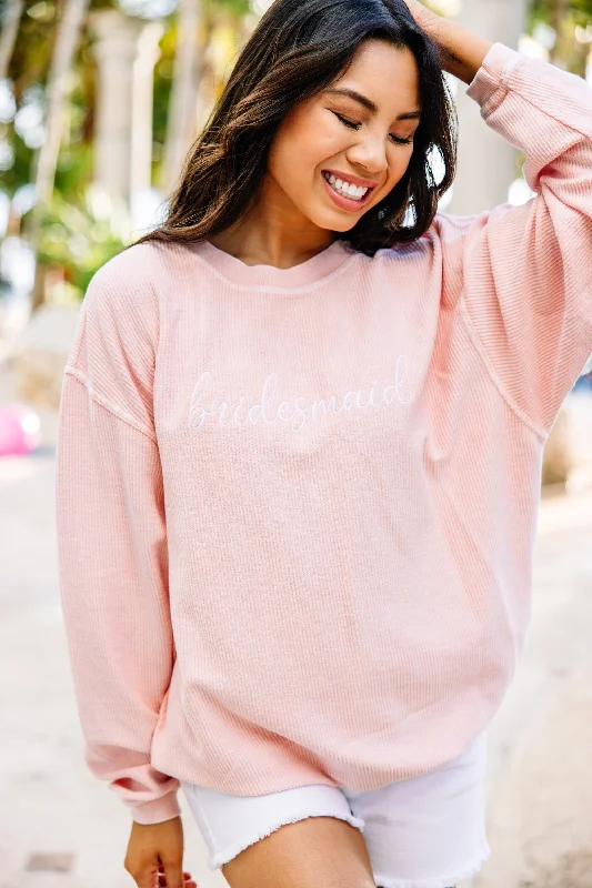 Bridesmaid Blush Pink Corded Embroidered Sweatshirt Hoodie with Ribbed Neckline Snug Warm