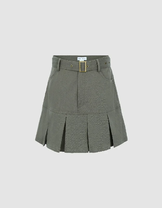 Pleated Mini A-Line Skirt With Belt denim skirt trendy