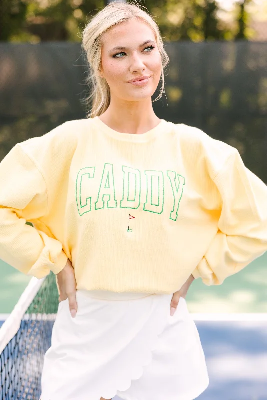 Call Me Caddy Yellow Embroidered Graphic Corded Sweatshirt Hoodie with Puffed Sleeves Voluminous Trendy