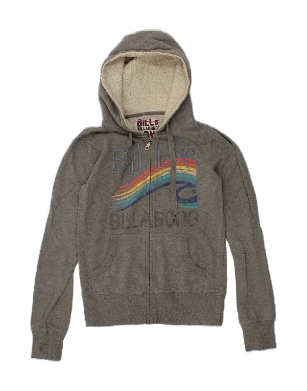 BILLABONG Womens Graphic Zip Hoodie Sweater UK 10 Small Grey Polyester Cable Knit Ribbed Knit Lace Knit BILLABONG Womens Graphic Zip Hoodie Sweater UK 10 Small Grey Polyester Cable Knit Ribbed Knit Lace Knit