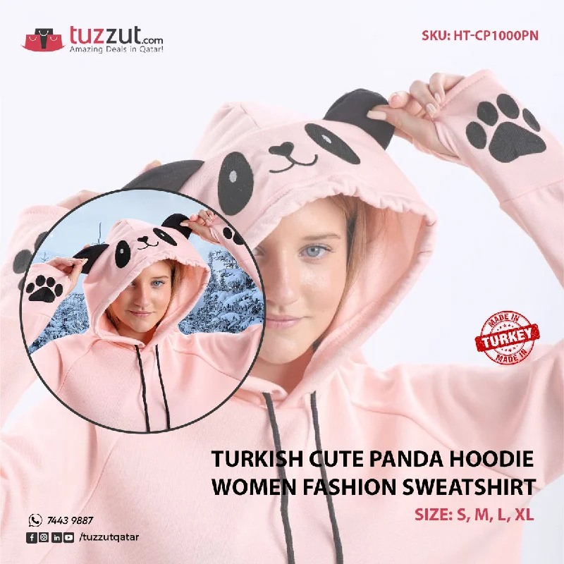 Turkish Cute Panda Hoodie Women Fashion Sweatshirt-Pink Hoodie with Slit Hem Functional Movement