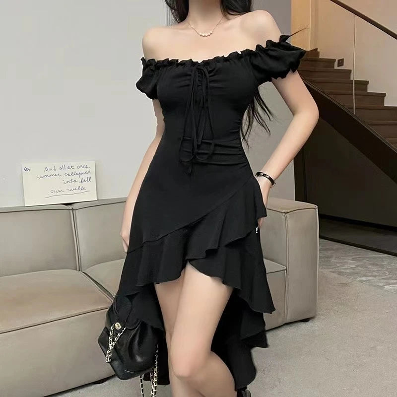 Wjczt Summer Black A-LINE Dress Women Streetwear Sexy Off Shoulder Short Sleeves Ruffled Mid Length Dresses Club Elegant Partywear Tunics Formal black