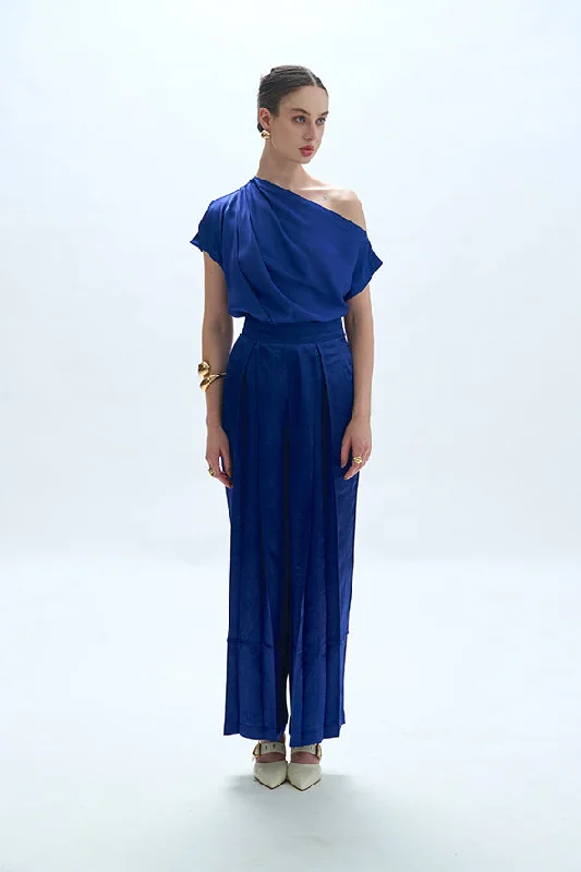 Boulevard Pleated Pants in Blue Comfortable Denim Trousers