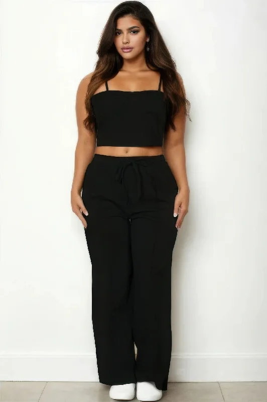 Plus Bustier Crop Cami Top & Slant Pocket Straight Pants Chic Faux Leather Pants