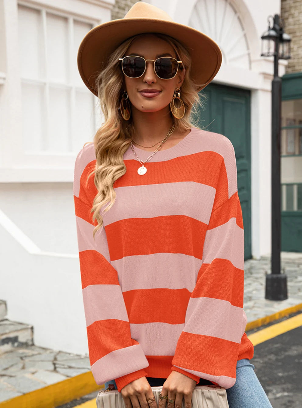 Stitching Striped Round Neck Loose Sweater Open Front Closed Front Wrap Front