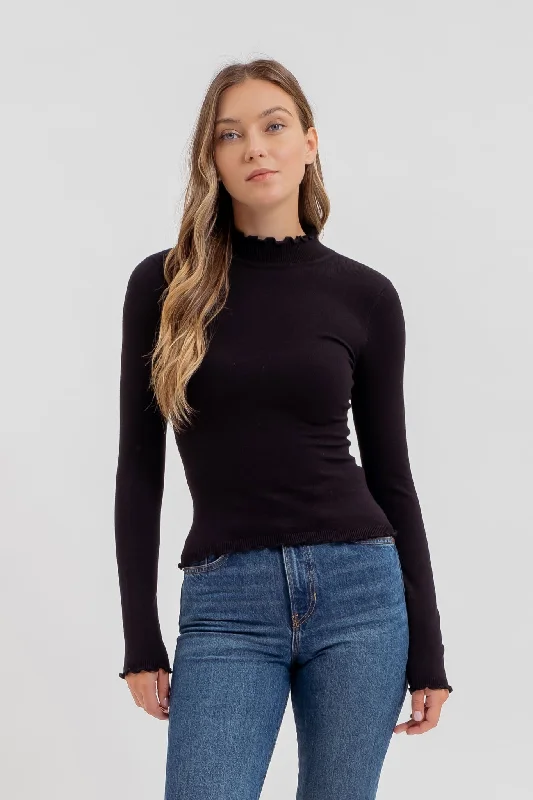 Lettuce Trim Mock Neck Sweater Knit Top, 2 Colors Velvet Chenille Corduroy
