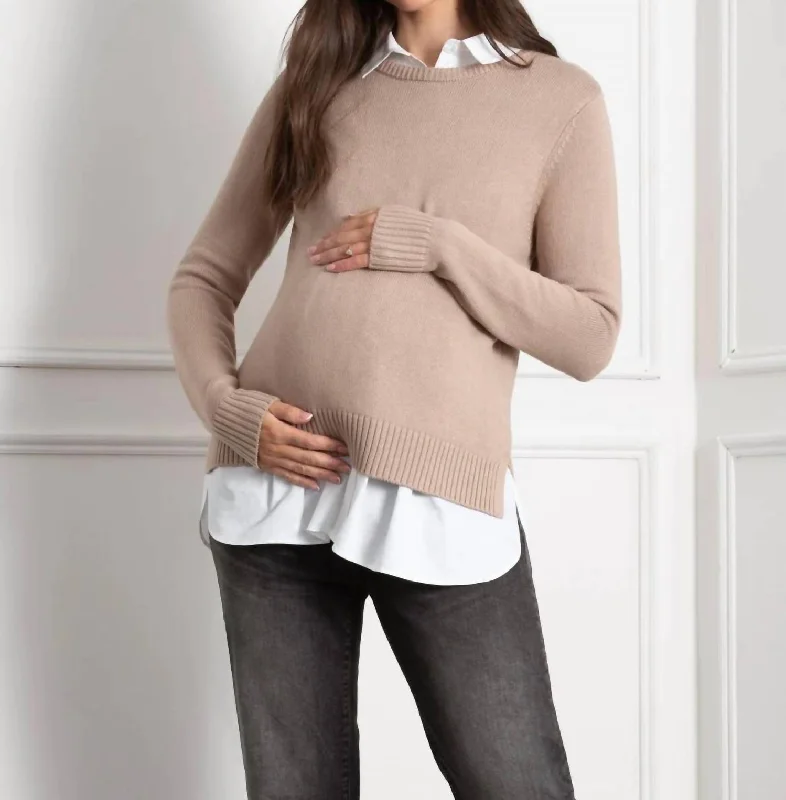 Kerryn Knit Maternity + Nursing Sweater With Woven Shirt In Camel Sweater Knitwear Pullover