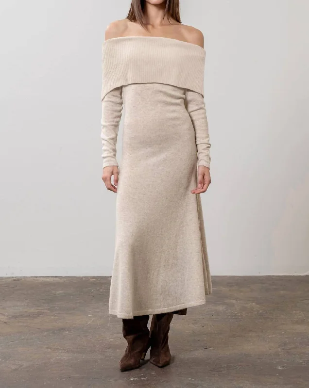 Marmalade Off-Shoulder Sweater Midi Dress In Beige Elasticated Padded Insulated