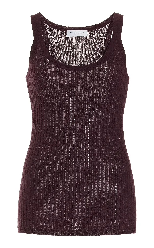 Nevin Pointelle Knit Tank Top in Deep Bordeaux Cashmere Silk ivory tank top