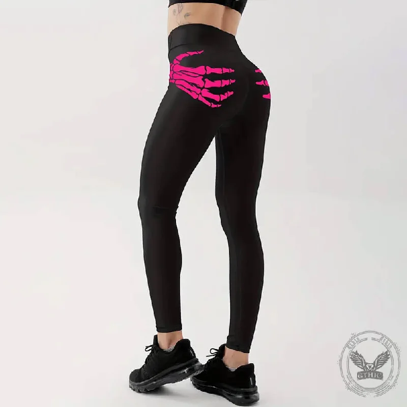 Skull Hand Print Elastic Waist Hip Lifting Pants Comfortable Denim Leggings