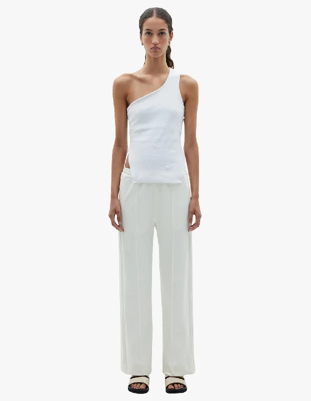 Twill Pinstitch Detail Pant - White Casual Wide Pants