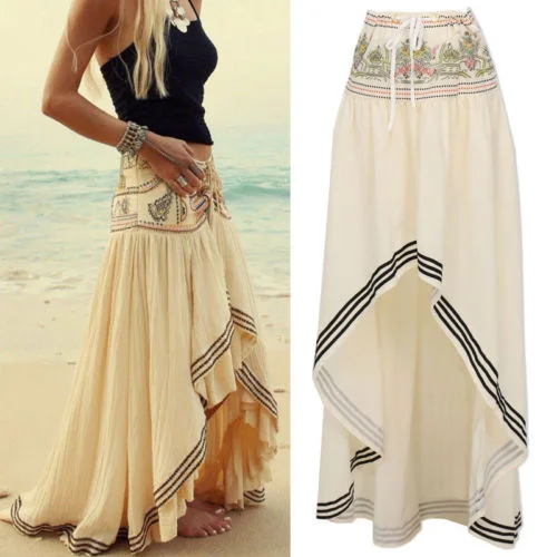 Summer Vintage Chiffon Sexy Resort Beach Long Casual Boho Floral Print Skirt cashmere skirt fine