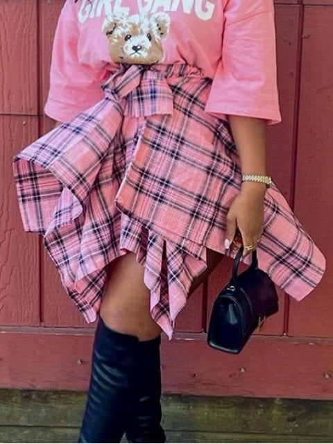 Pretty Pink Plaid Asymmetrical Handkerchief Mini Skirt spandex blend skirt