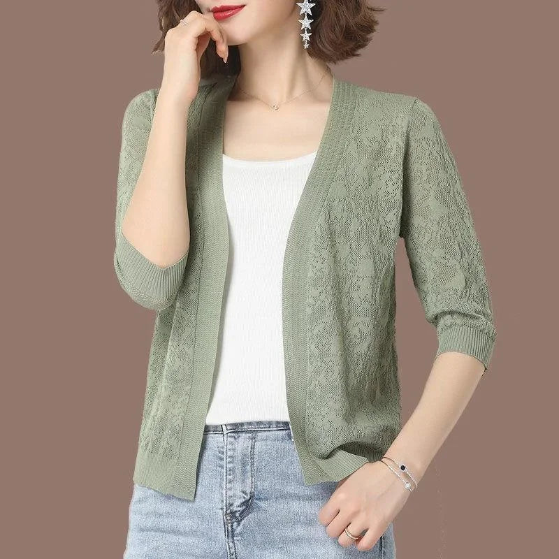 Summer Oversized Knit Cardigan Jackets Half Sleeve Lace Knitwears Coats Korean Elegant Trendy Hollow Out Sunscreen Tops Cotton Fabric Linen Fabric Terry Fabric