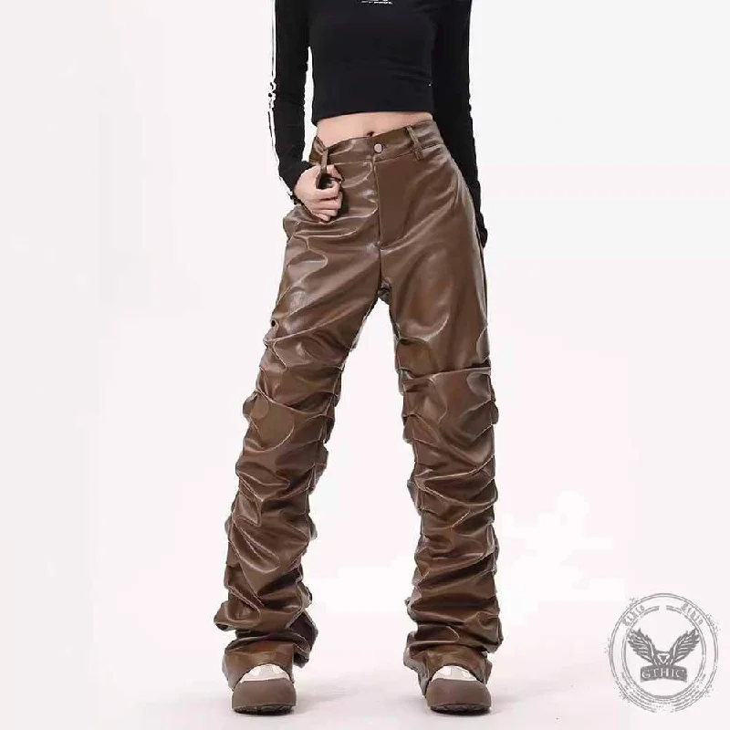 Street Pleated Stacked Slim Straight Pu Leather Pants Trendy Printed Leggings