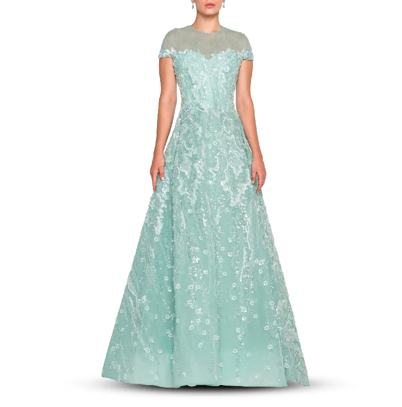 Blue Tulle Ruffles Neckline Dress