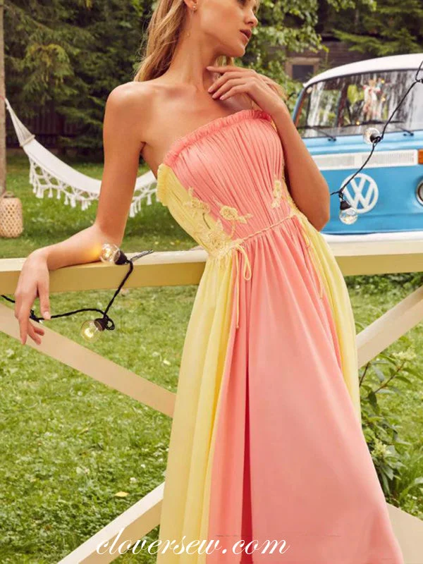 Pleating Peach And Yellow Applique Strapless A-line Prom Dresses, CP0460