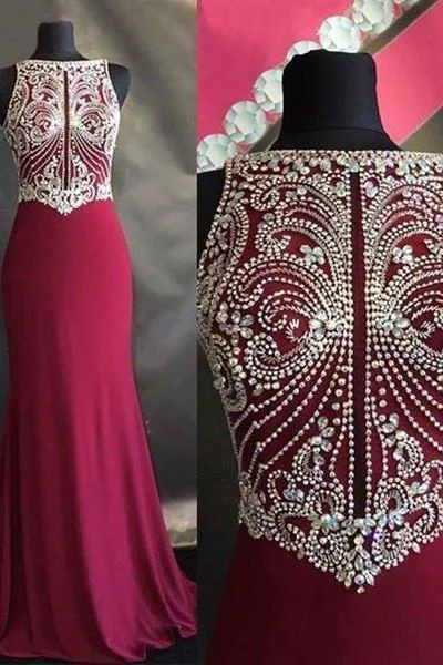 Red chiffon beading round neck slim-line long dress evening