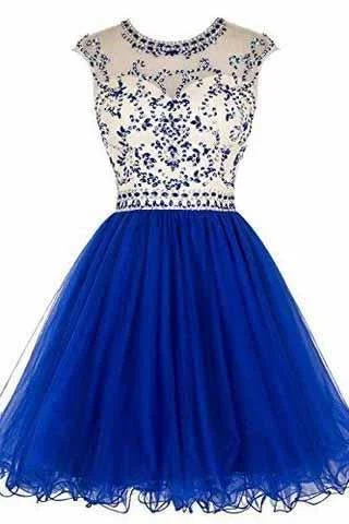 Short Beading Prom Dress Tulle Scoop Cap Sleeve Royal Blue Evening Dress Hollow Back Short Beading Prom Dress Tulle Scoop Cap Sleeve Royal Blue Evening Dress Hollow Back