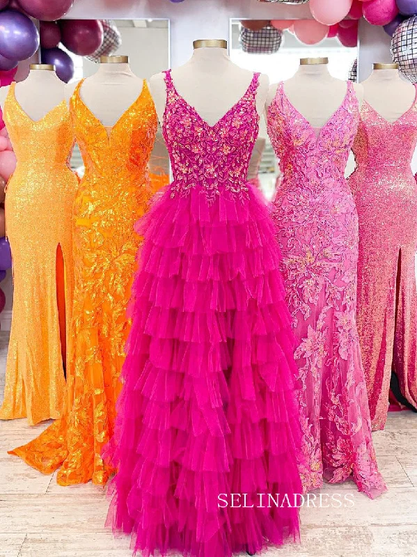 V neck A-line Beaded Ruffles Magenta Long Prom Dress lpk907