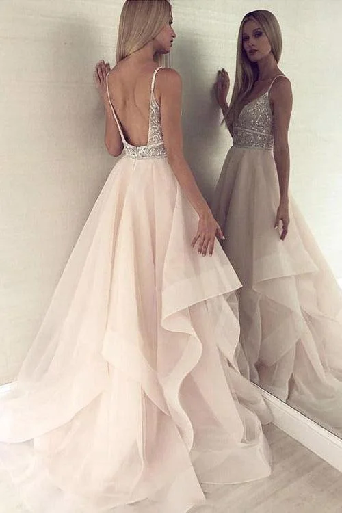 Princess Spaghetti Straps V Neck Tulle Beads Backless Pink Prom Dresses Evening Dresses