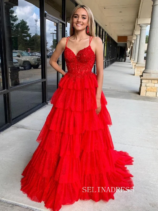 Ruffle Tulle Red Ball Gown Lace Beaded Prom Dress lpk909