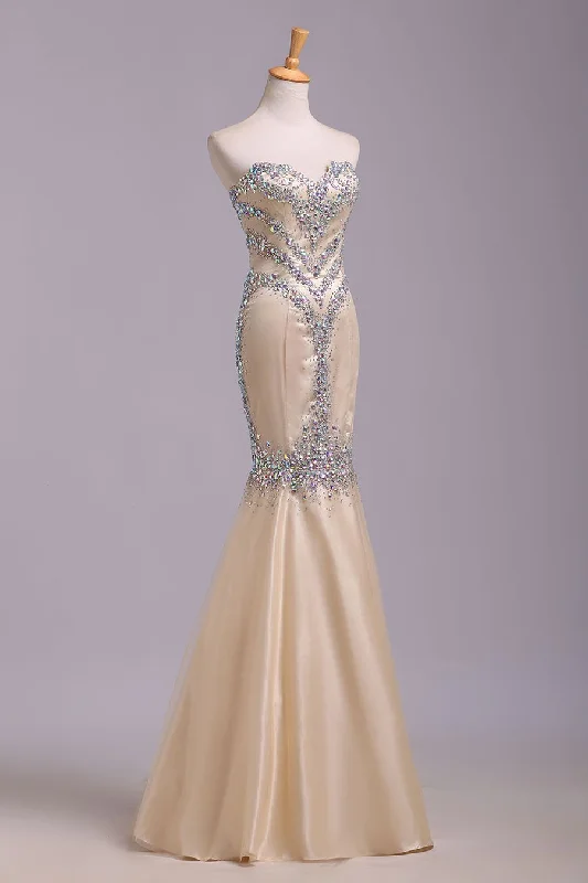 Mermaid Rhinestone Sweetheart Tulle Sleeveless Floor Length Prom Dresses Evening Dress