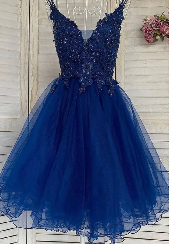 A-line V Neck Sleeveless Tulle Short/Mini Homecoming Dress With Appliqued Beading Sequins A-line V Neck Sleeveless Tulle Short/Mini Homecoming Dress With Appliqued Beading Sequins