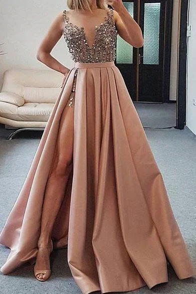 Sexy V Neck Dark Pink Beaded Satin Prom Dresses Evening Dresses with High Slit