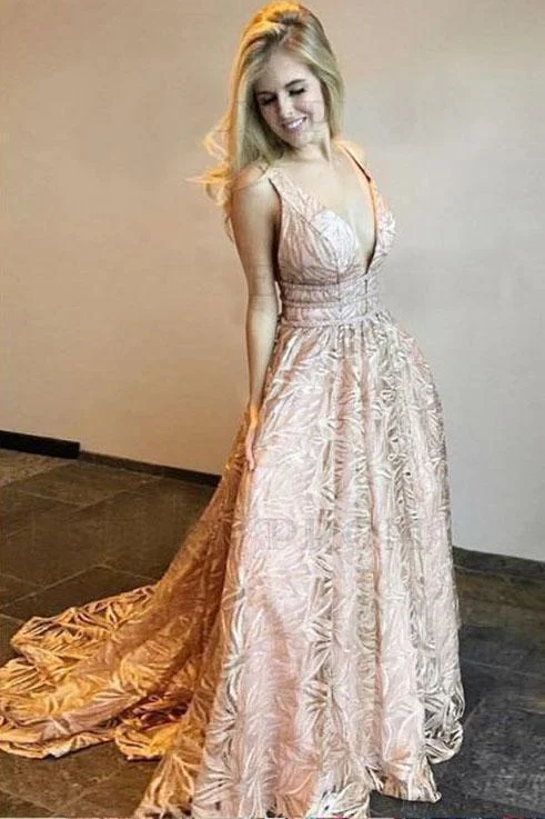 Simple A Line Lace Deep V Neck Floor Length Prom Dresses Pink Evening Dresses