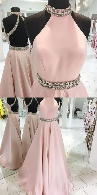 Pink Backless Beaded Prom Dress Halter Prom Dress Custom Made Evening Dress
