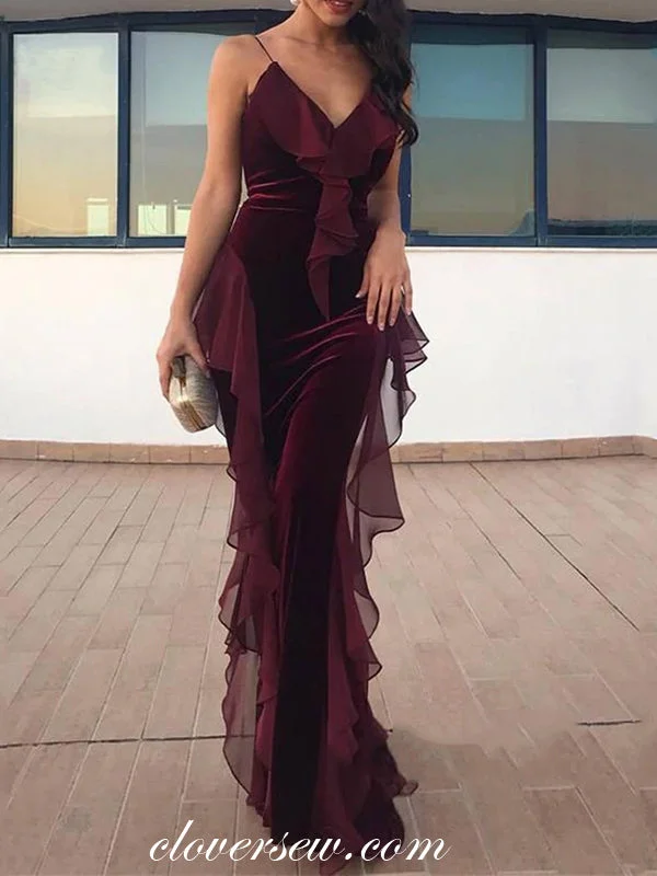 Dark Maroon Chiffon Velvet Sheath Ruffles Formal Dresses , CP0452