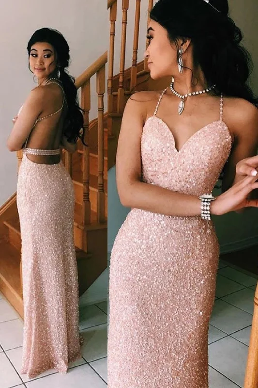 Sexy Spaghetti Straps V Neck Pink Rose Gold Prom Dresses Backless Evening Gowns