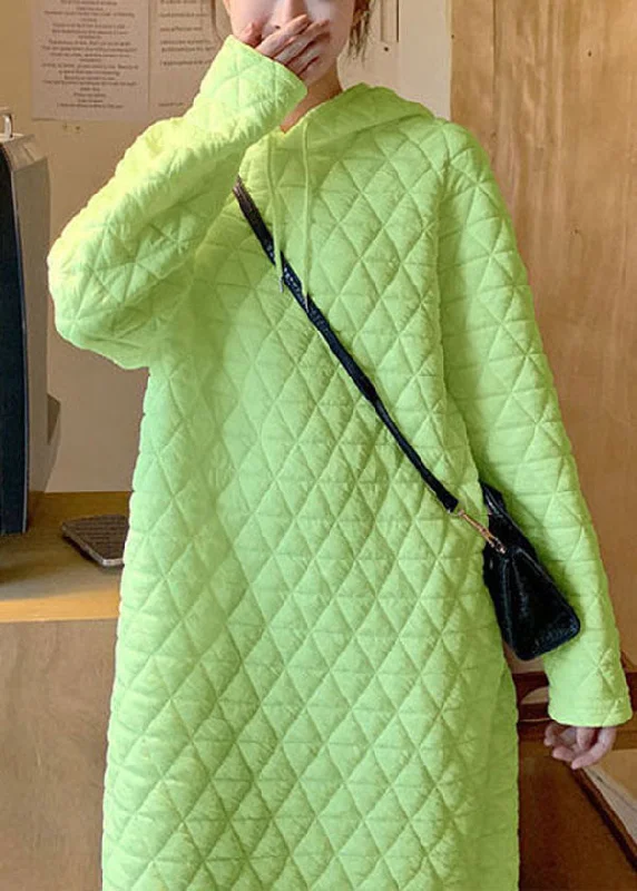 Fitted Green Solid Hooded Fine Cotton Filled Dress Winter