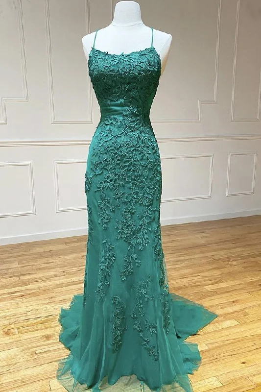 Green Lace Tulle Spaghetti Strap Long Mermaid Prom Dresses Crystal Graduation School Party Gown   cg22210