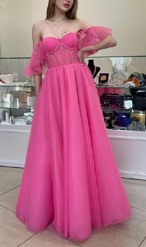 Pink Corset Prom Dresses Tulle Off The Shoulder Formal Gown For School Dancing cg22604 Pink Corset Prom Dresses Tulle Off The Shoulder Formal Gown For School Dancing cg22604