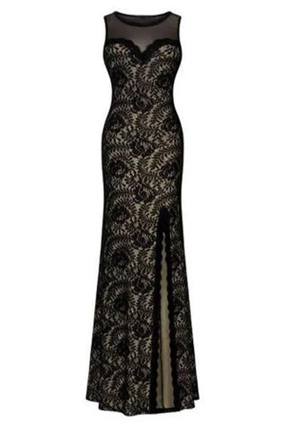 Sleeveless Long Black Lace Split Side Evening Formal Dresses