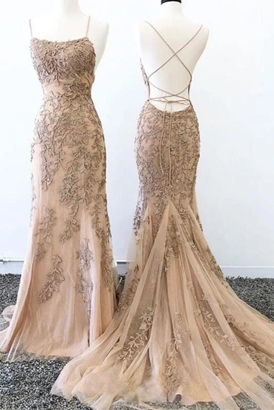 Mermaid Lace Appliques Spaghetti Straps Criss Cross Prom Dresses Long Evening Dress