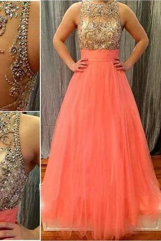 Prom Dresses Scoop Long Tulle Coral Beads Sheer Back High Neck Sleeveless Evening Dress