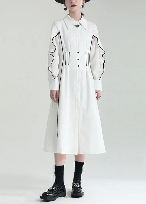 Diy White Peter Pan Collar Patchwork Ruffles Cotton Long Dresses Fall