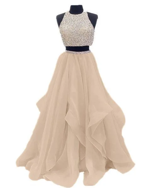 Two Piece High Neck Burgundy Prom Dress Beaded Open Back Evening Gowns