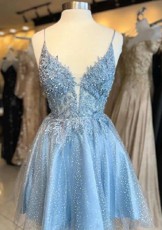 Glittering Beaded Short A-line Tulle Homecoming Dress with Appliqued
