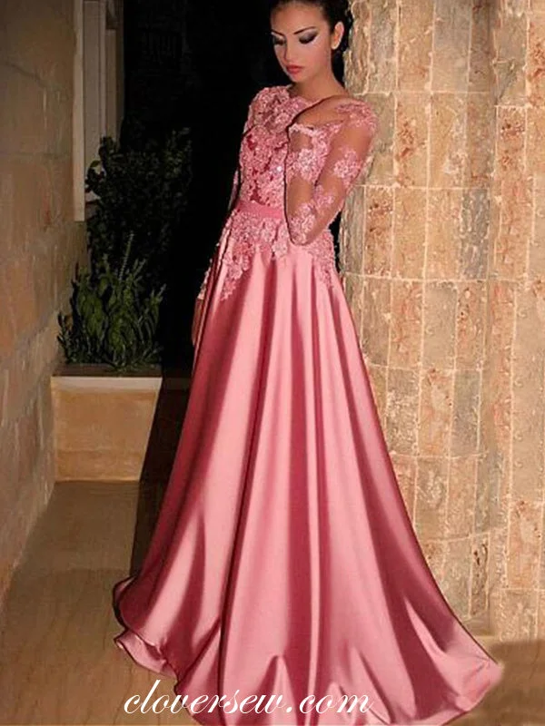 Pink See Through Lace Long Sleeves Satin A-line Prom Dresses,CP0448