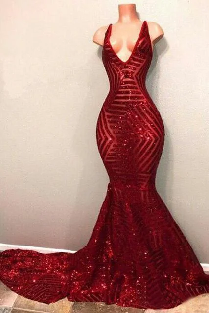 Sexy Burgundy Mermaid Sequins Deep V Neck Prom Dresses Long Evening Dresses