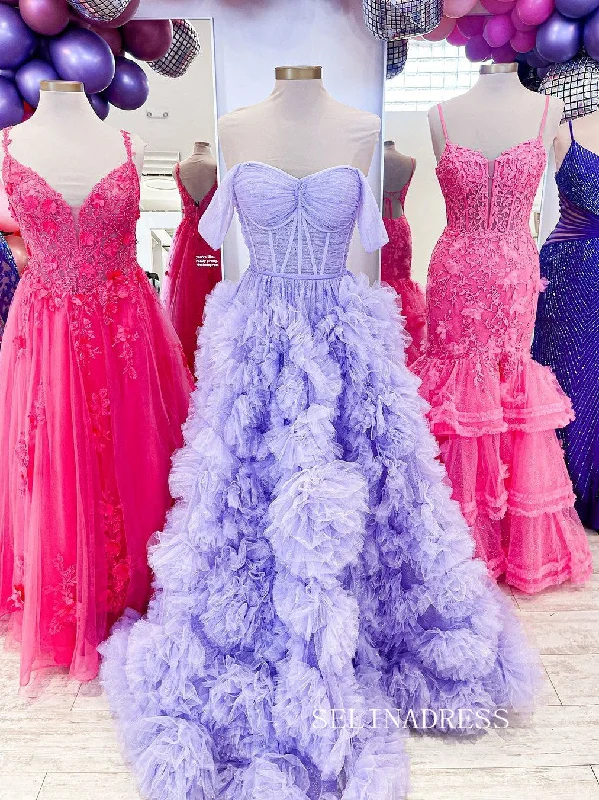 Off-the-shoulder Lavender Ruffles Long Prom Dress lpk904