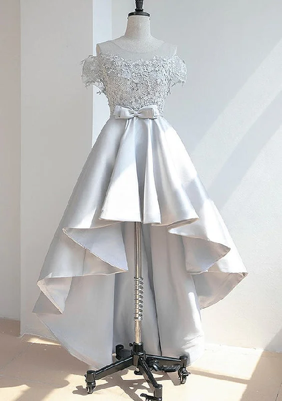 A-line Illusion Neck Short Sleeve Satin Asymmetrical Homecoming Dress With Appliqued Waistband A-line Illusion Neck Short Sleeve Satin Asymmetrical Homecoming Dress With Appliqued Waistband