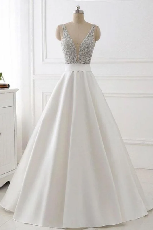 Stunning Ivory A-Line V-Neck Satin Backless Sleeveless Evening Prom Dress with Beaded