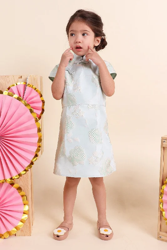 MADEBYNM NM KIDS JI XING BROCADE MANDARIN SLEEVED DRESS IN MINT JADE [2Y/3Y/4Y/5Y/6Y] 