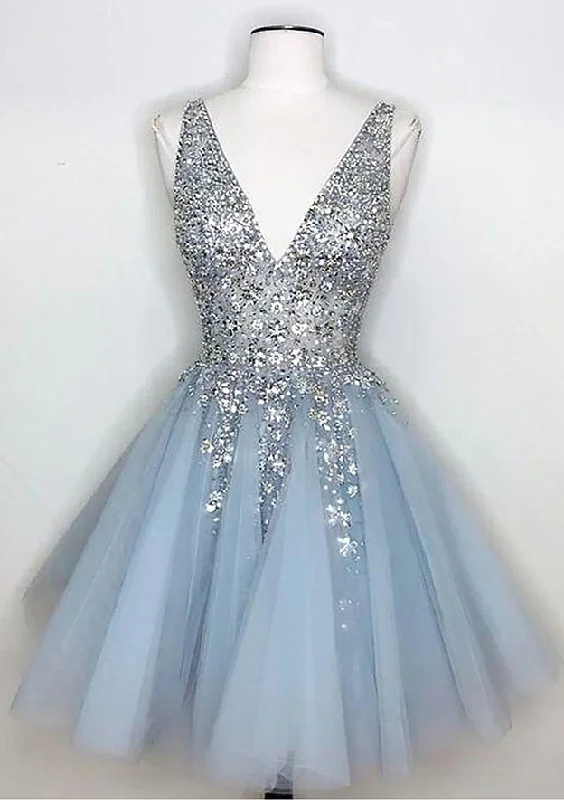 A-line V Neck Sleeveless Short/Mini Homecoming Dress With Beading Ruffles Sequins